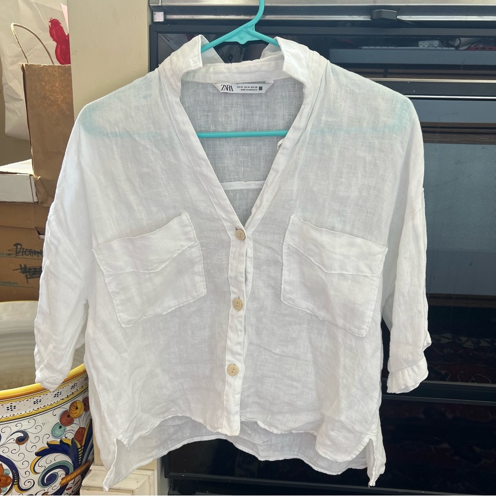 Zara White Linen Style Button Down